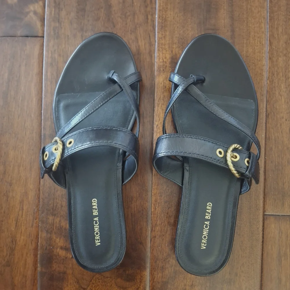 VERONICA BEARD Black Leather Slide Sandals with Gold Tone Buckle - Size 8.5 - Picture 9 of 9